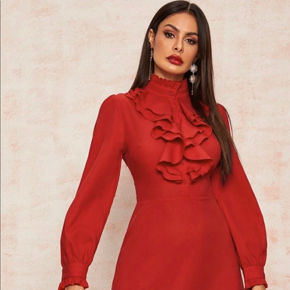 Frilled Neck Bishop Sleeve Ruffle Trim Dress - Picture 3 of 3